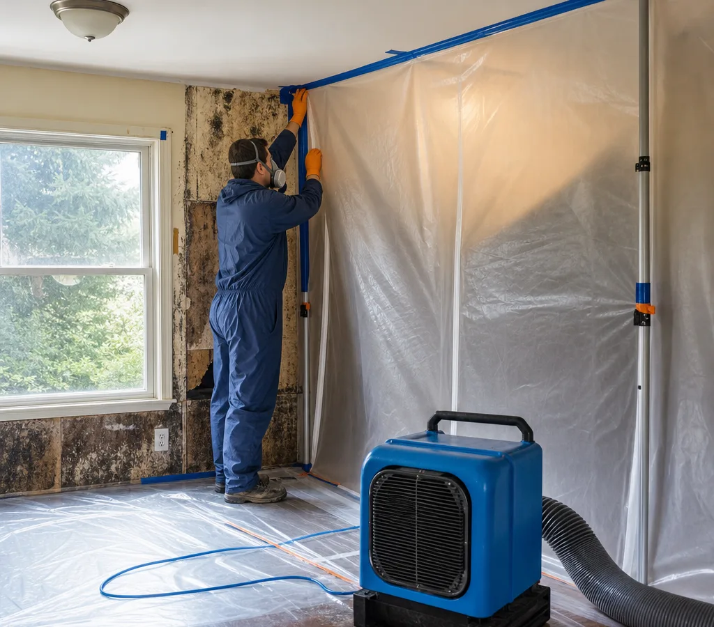 Technician in protective gear setting up containment and a HEPA air scrubber during residential mold removal