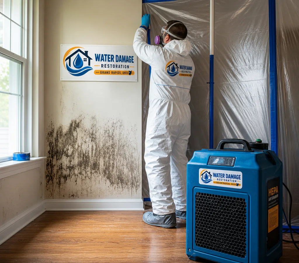 Technician in protective gear setting up containment and a HEPA air scrubber during residential mold removal