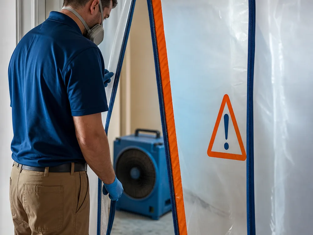 Containment doorway and HEPA air scrubber operating during a mold remediation setup