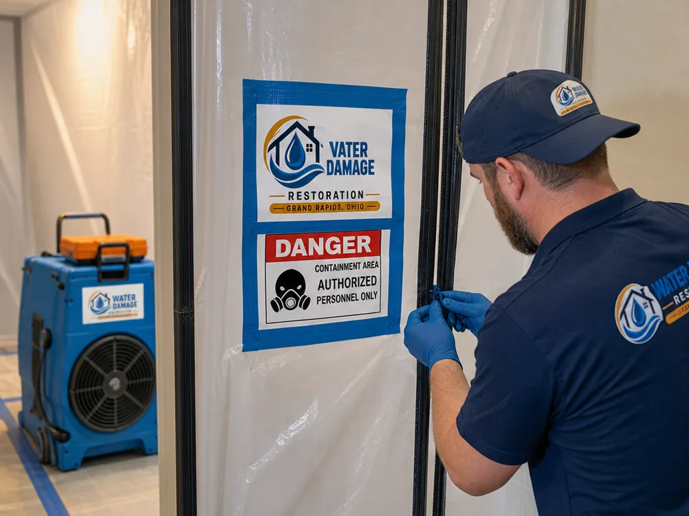 Containment doorway and HEPA air scrubber operating during a mold remediation setup