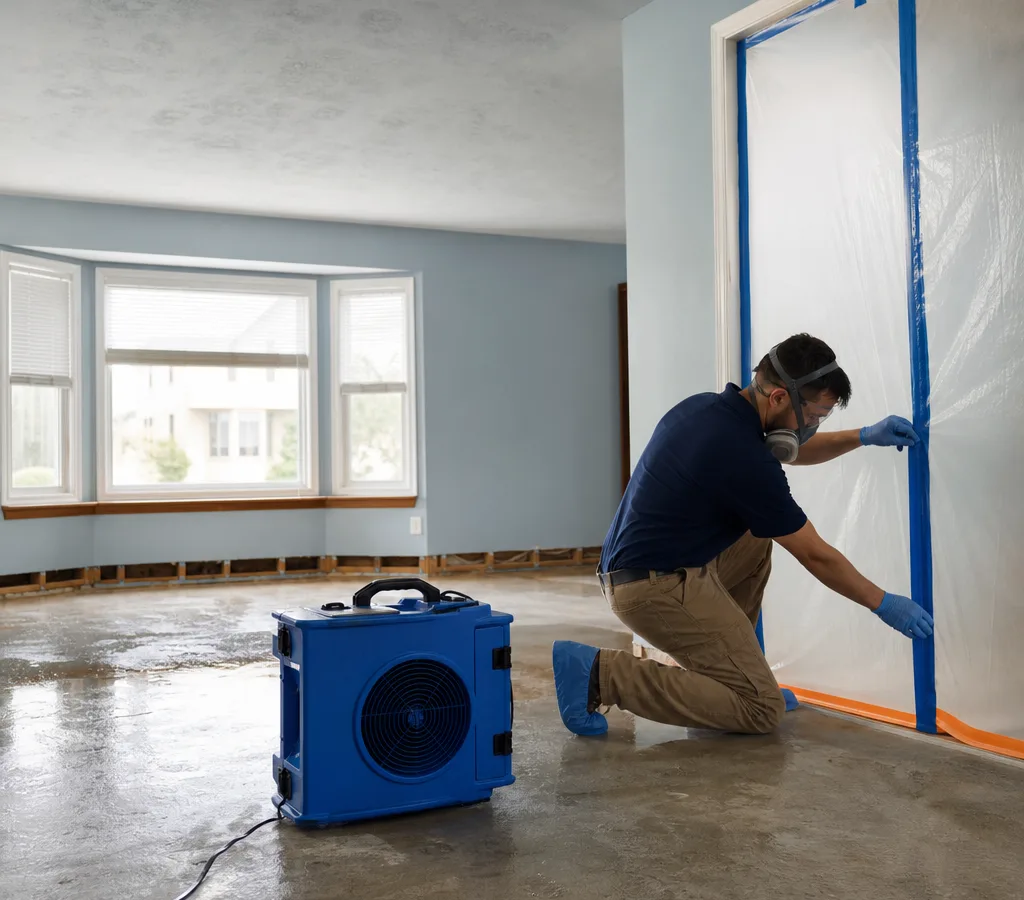 Technician in protective gear setting up residential mold containment with a HEPA air scrubber and sealed plastic doorway