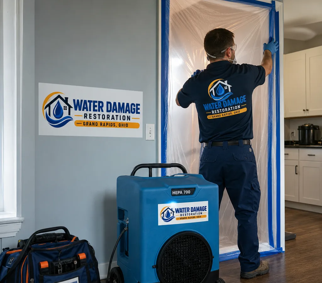 Technician in protective gear setting up residential mold containment with a HEPA air scrubber and sealed plastic doorway