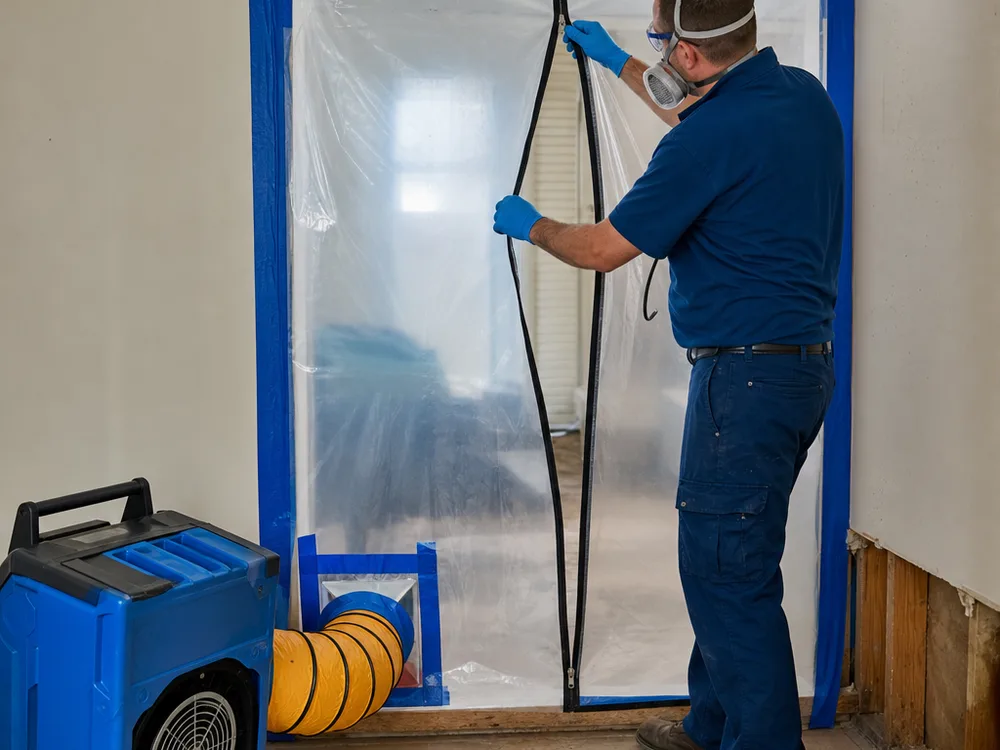 Containment doorway with zipper access, taped seams, and a running HEPA air scrubber used for negative air control