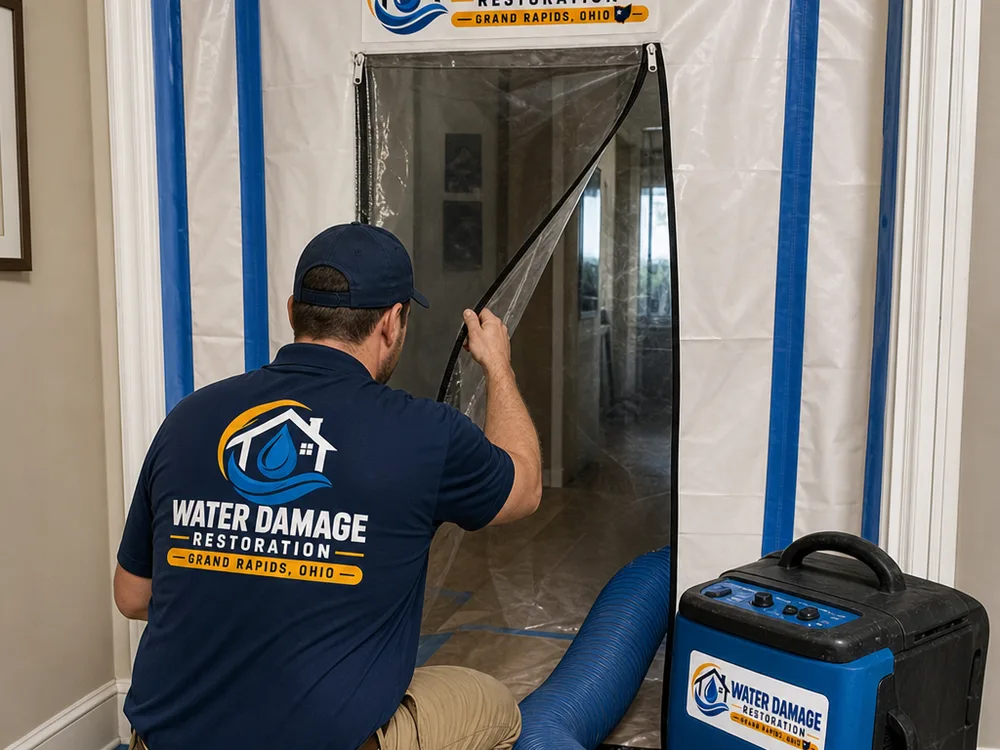 Containment doorway with zipper access, taped seams, and a running HEPA air scrubber used for negative air control