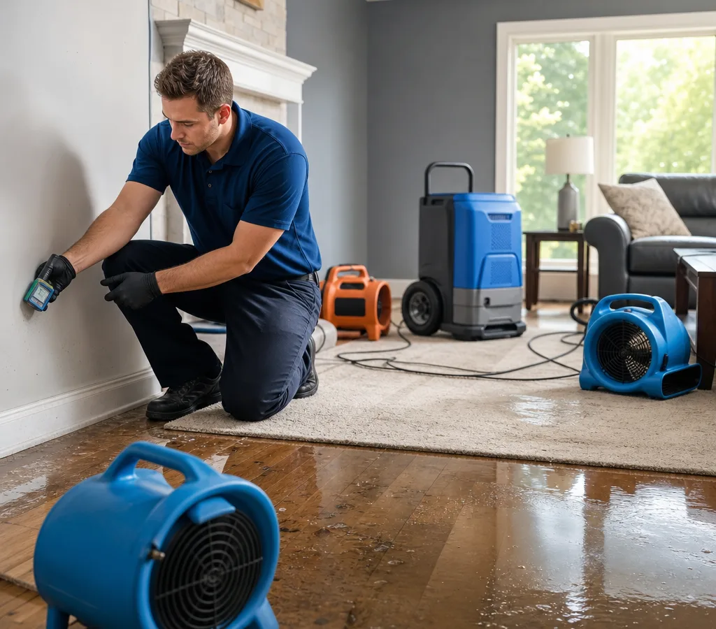 Technician using a moisture meter and positioning drying equipment in a Grand Rapids-area living room