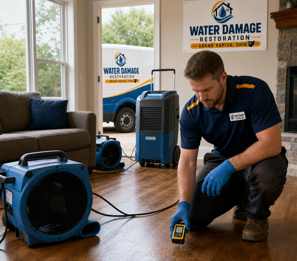 Technician using a moisture meter and positioning drying equipment in a Grand Rapids-area living room