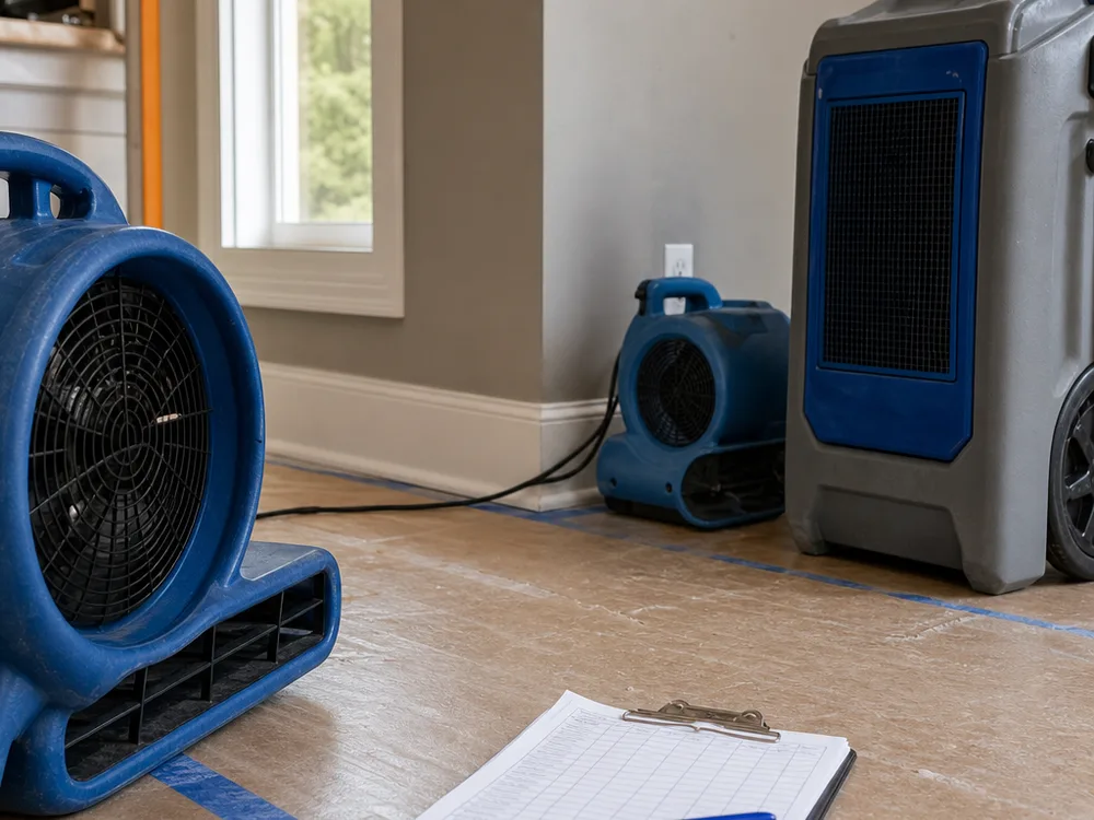 Air movers, a commercial dehumidifier, and a moisture log staged neatly on a protected floor