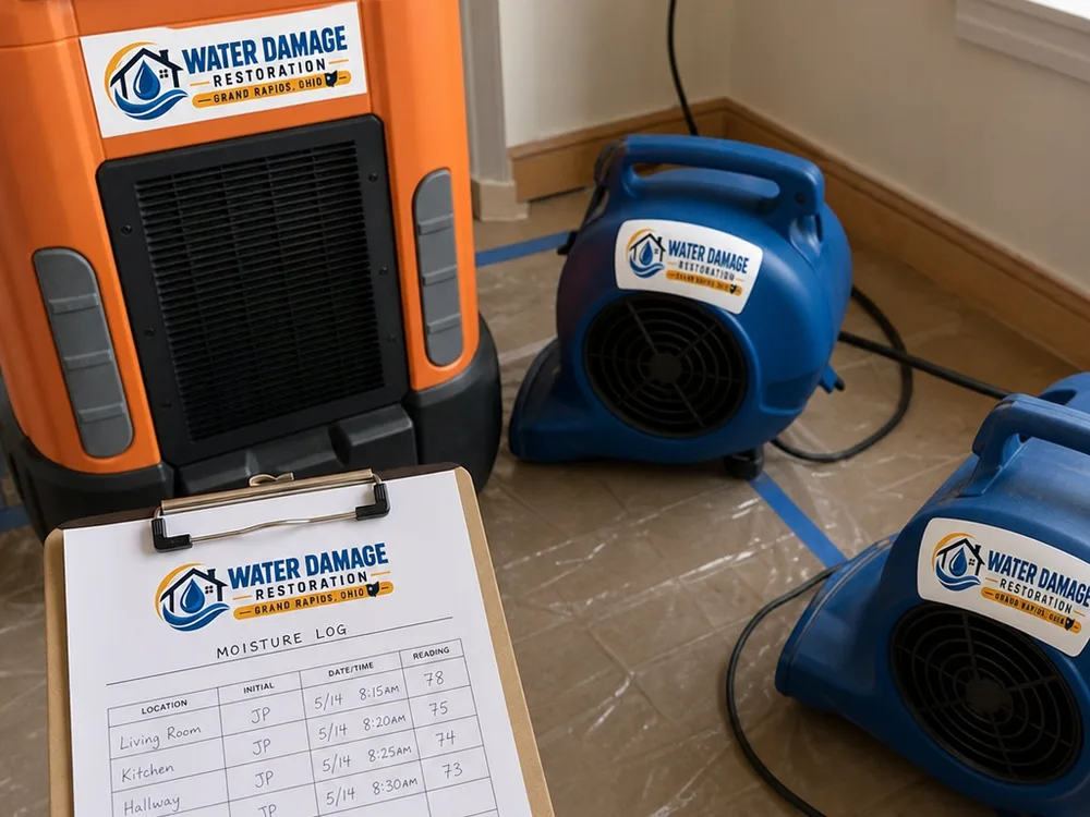 Air movers, a commercial dehumidifier, and a moisture log staged neatly on a protected floor