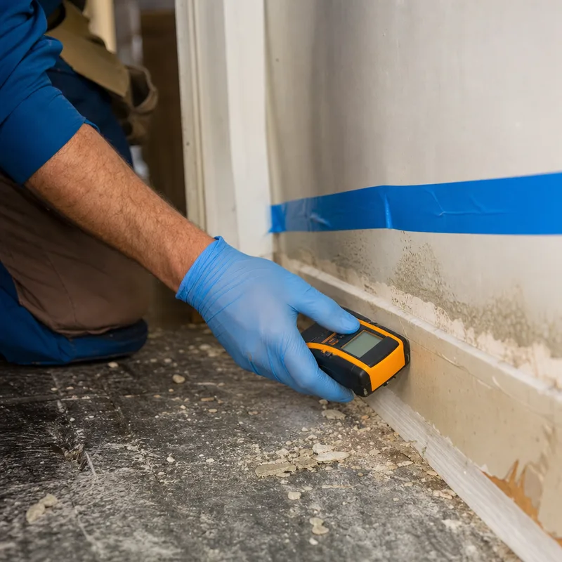 Technician mapping moisture along a baseboard and lower drywall line