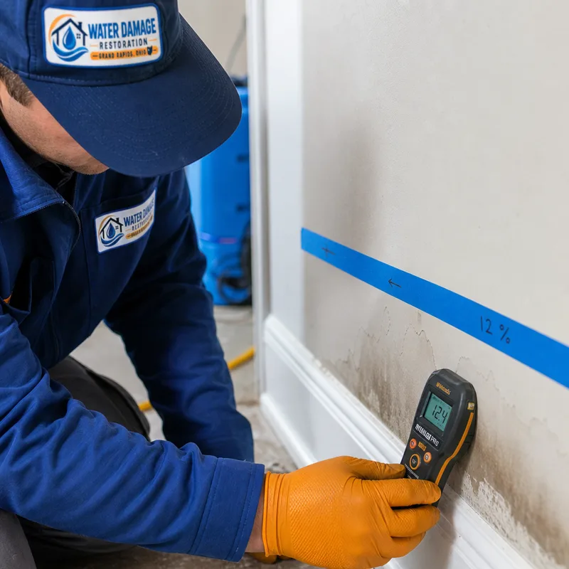 Technician mapping moisture along a baseboard and lower drywall line