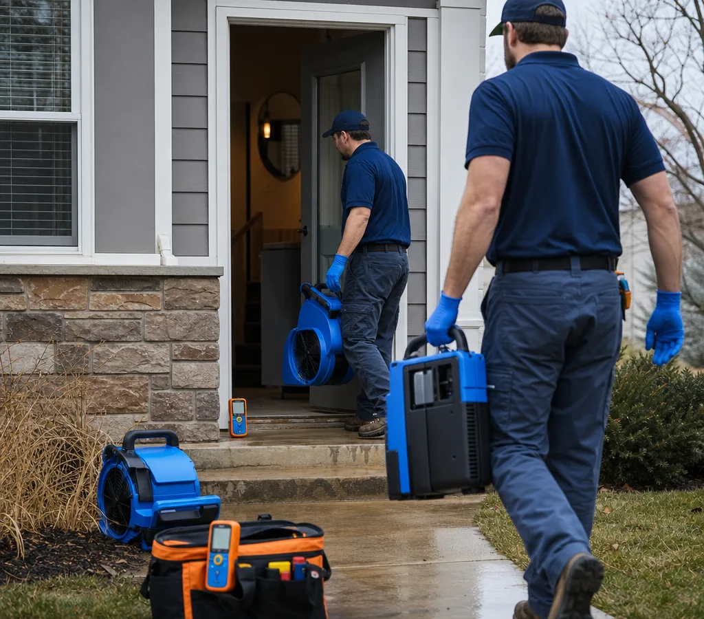 Restoration technicians arriving at a Grand Rapids property with moisture meters and air movers