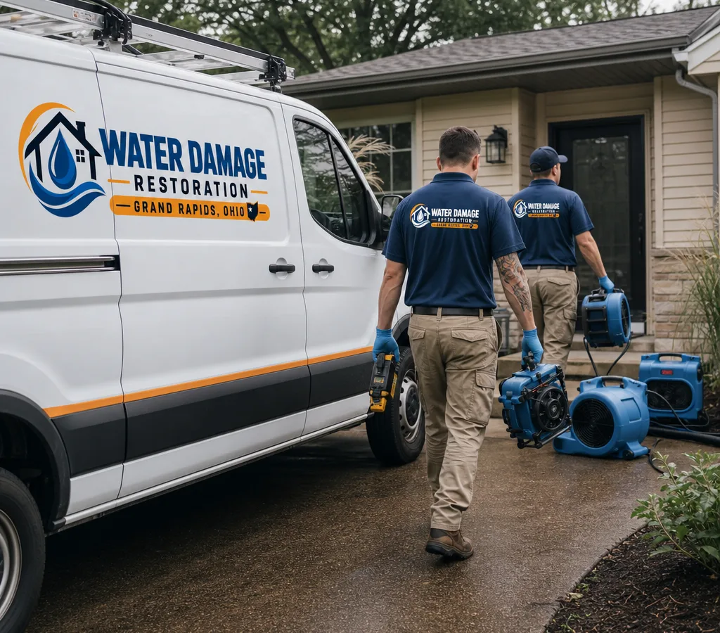 Restoration technicians arriving at a Grand Rapids property with moisture meters and air movers