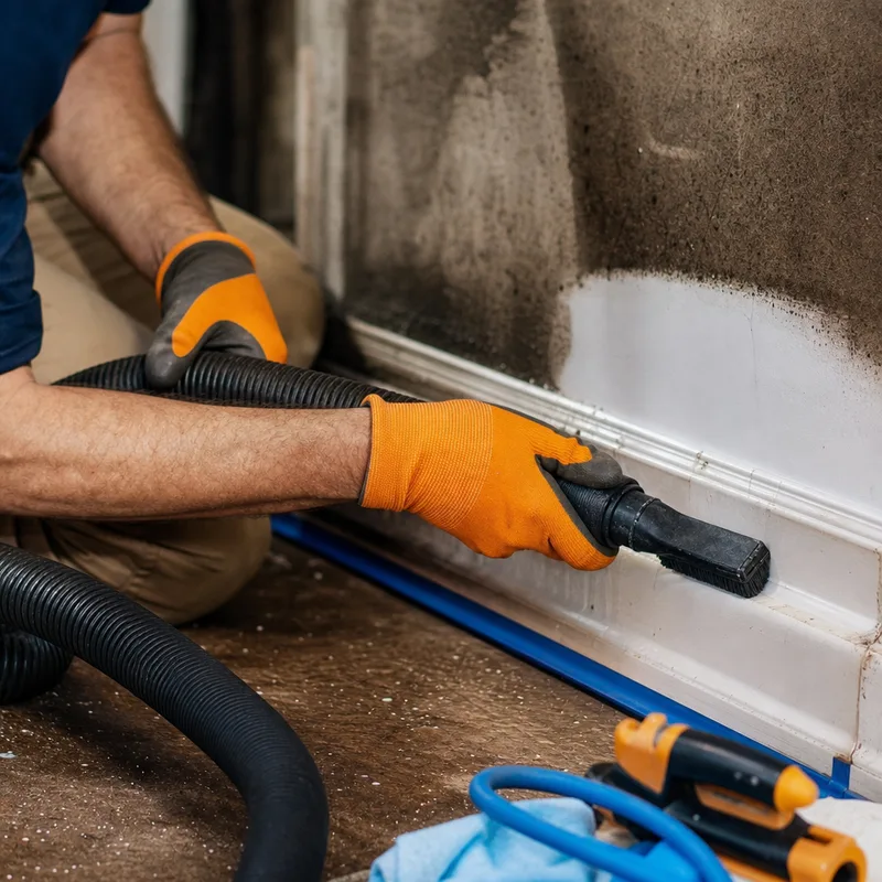 Soot residue beside a cleaned test area with restoration tools and a HEPA vacuum hose