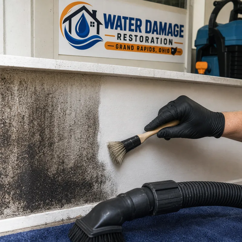 Soot residue beside a cleaned test area with restoration tools and a HEPA vacuum hose