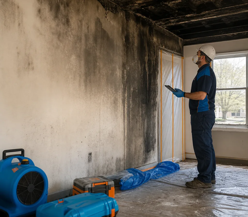 Technician in protective gear assessing soot and fire damage in a residential room with containment materials nearby