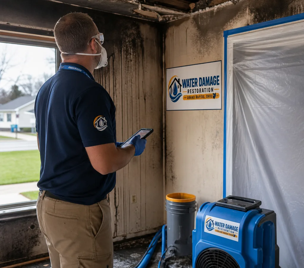 Technician in protective gear assessing soot and fire damage in a residential room with containment materials nearby