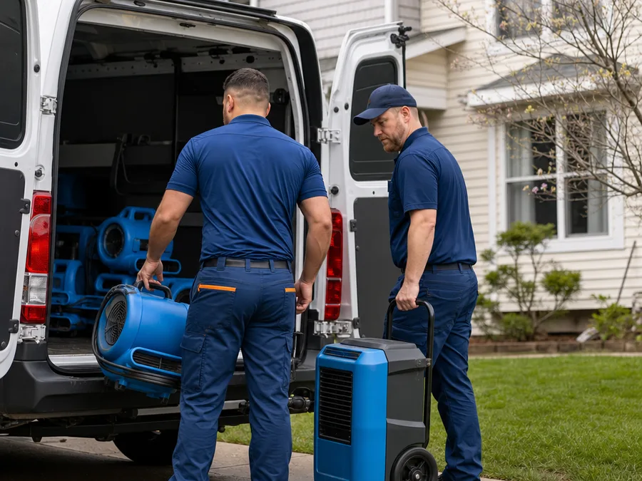 Two restoration technicians loading drying equipment into a marked vehicle outside a home