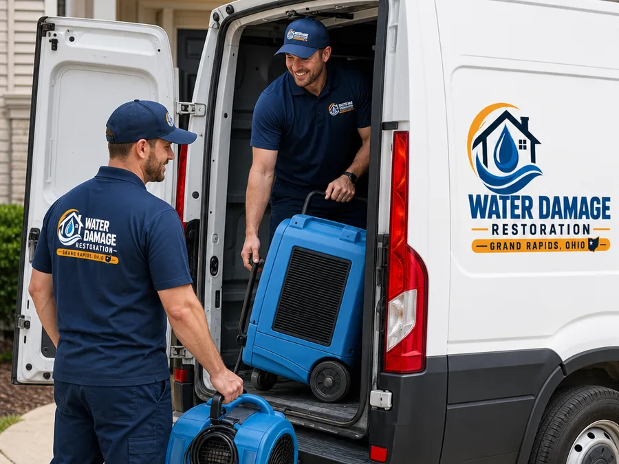Two restoration technicians loading drying equipment into a marked vehicle outside a home